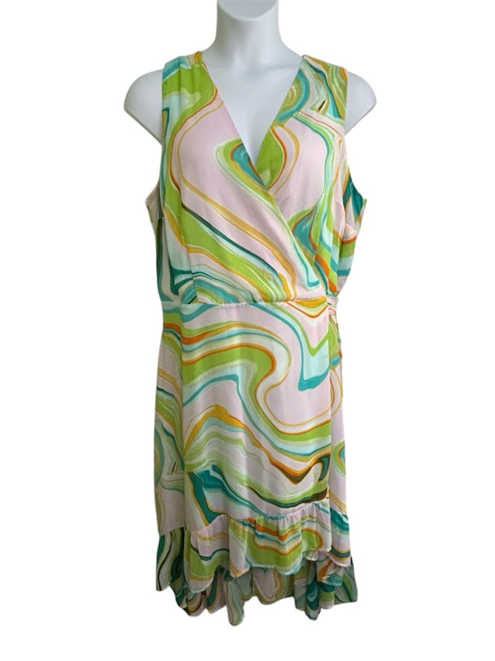 Ashley Stewart Pastel Swirl Sleeveless V-Neck Dress in Green and Pink Sz 18 20W